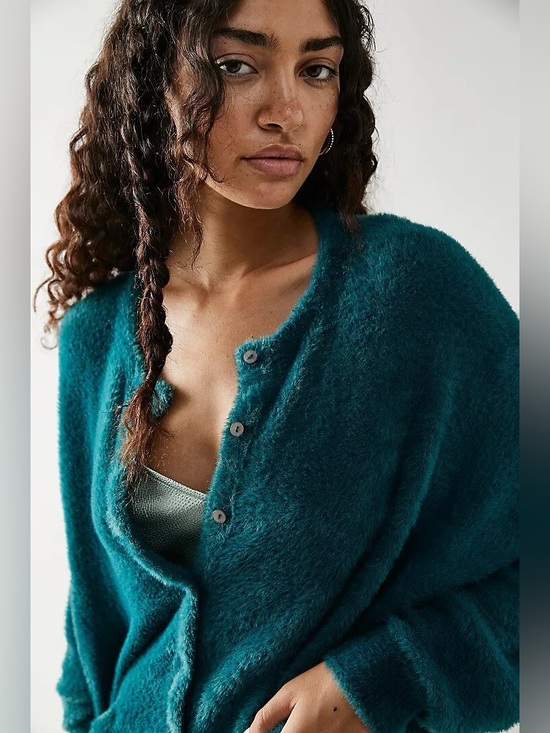 Free People Sweaters - FREE PEOPLE Sz M FP ONE WYATT CARDI SOFT FUZZY BUTTON FRONT CARDIGAN TEAL